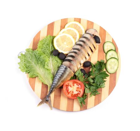 sliced herring on wooden plateの写真素材