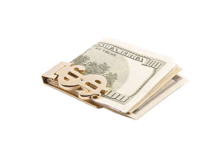 dollar with golden clip isolated on whiteの写真素材