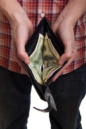man shows purse with dollars close upの写真素材