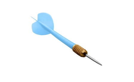 Playing Dart with blue flight on white background.