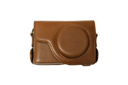 Retro photo camera leather case isolated on whiteの写真素材