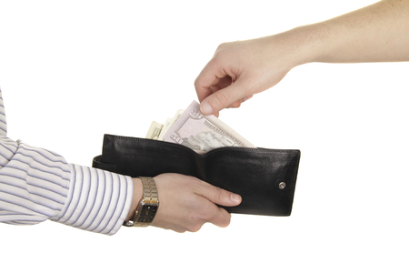 man take 50 dollars from purse of his partner isolatedの写真素材