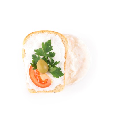 toast with tomato and fish caviar crea isolatedの写真素材