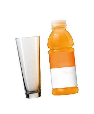 Orange juice in plastic bottle and glassの写真素材