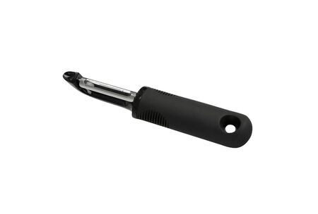 black plastic vegetable peeler isolated on whiteの写真素材