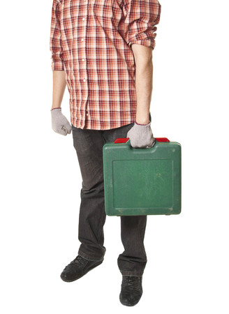 man holding toolbox in handの写真素材