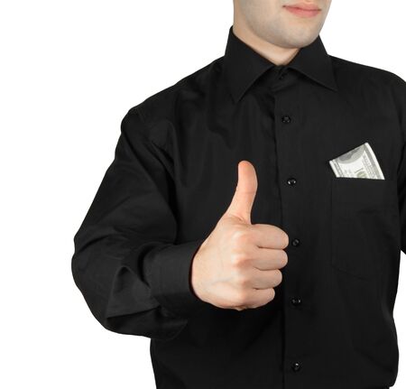 Businessman with money in pocket showing okay signの写真素材