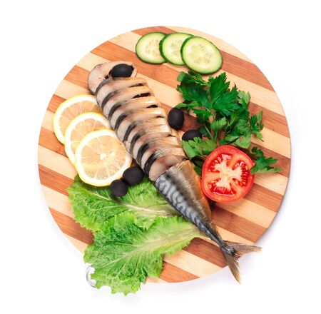 sliced herring on wooden plateの写真素材