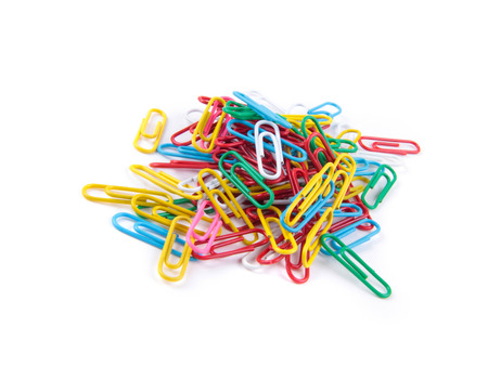 colored paper clips isolatedの写真素材