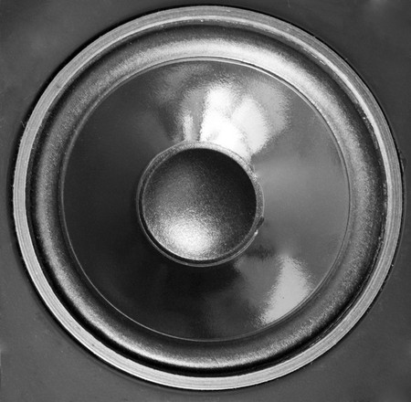 Black acoustic speaker with sphereの写真素材