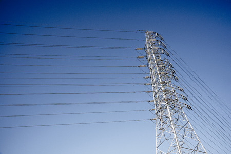 Wire Electric Telecom post and cable wth blue sky backgroundの写真素材