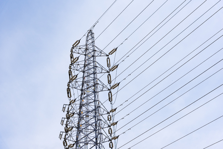 Wire Electric Telecom post and cable wth blue sky backgroundの写真素材