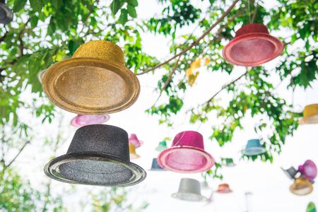 Colorful floating hat under big tree at outdoors park. Object and background concept. Nature and...
