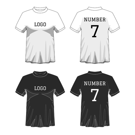 Sport Men's t-shirt with short sleeve in front and back views. Black and White or Design editable color. Mock up of sport wear concept. Sport and Fashion theme.のイラスト素材