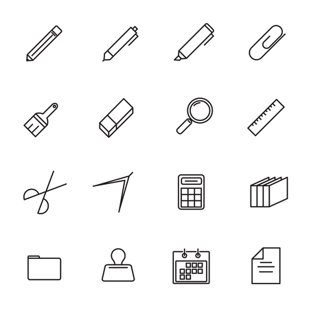 Stationery thin line icon set vector. Back to school and Class room of students. Thin line and outline icon theme. White isolated background.のイラスト素材