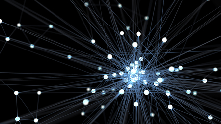 Abstract blue futuristic technology network node. Cable data line transmission links and communication structure concept. Neurons and electron theme element. 3D illustration.の写真素材