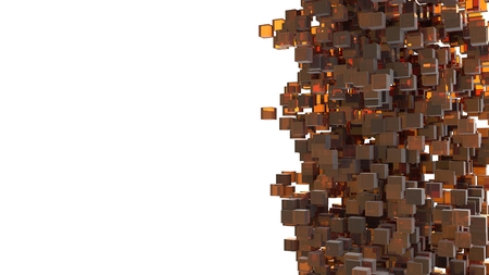 Storm of orange cubes falling from sky. Abstract and 3D concept. Isometric Geometry theme. Creative idea for modern designの写真素材