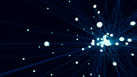 Abstract blue futuristic technology network node. Cable data line transmission links and communication structure concept. Neurons and electron theme element. 3D illustration.の写真素材