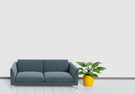 Modern interior design of living room with black sofa with white and wooden glossy floor and plant pot. Home and Living concept. Lifestyle theme. 3D illustration rendering.の写真素材