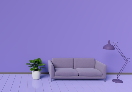 Modern interior design of purple living room with sofa an plant pot on white glossy wooden floor. Lamp element. Home and Living concept. Lifestyle theme. 3D illustration rendering.の写真素材