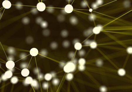 Yellow futuristic abstract network nodes background. Technology and Science Concept. Bokeh light...