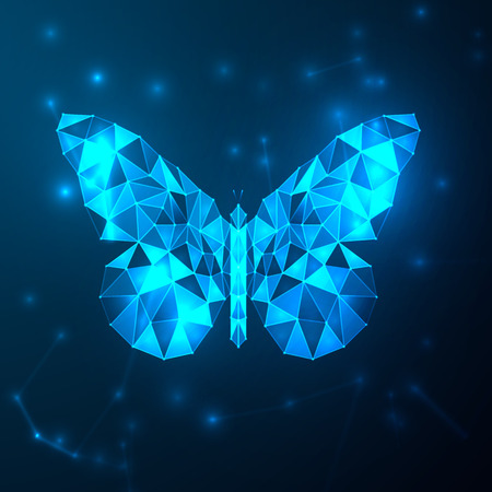 Abstract blue futuristic butterfly low polygon. Technology with polygonal shapes on dark blue background. Wallpaper and logo concept. Molecules and Network connection node theme. Vector Illustration.のイラスト素材