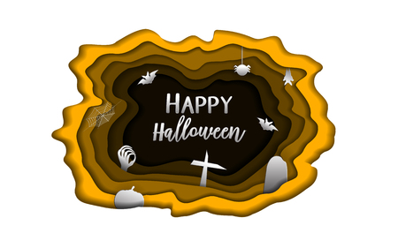 Happy Halloween day paper carve background. Cute paperart and paperwork concept for ghost greeting card material. Cartoon artwork poster. Holiday vector template invitation letter cover style themeのイラスト素材