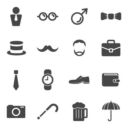 Men props item icons. Fashion of hat mask glassese and celebration. Flat icons collection set. Black white icons for web decoration.のイラスト素材
