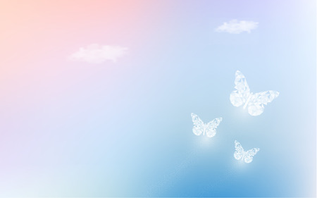 Fantasy dreaming sky with low poly butterflies in pastel color background. Hologram heaven rainbow and magic colorful cloudscape wallpaper. for invitation letter card graphic design of nature conceptのイラスト素材