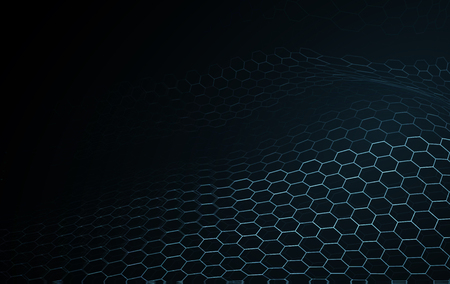 Blue wave surface blockchain technology and science abstract background. Music equalizer of hexagon network wire frame illumination texture pattern. New technology particle digital concept wallpaperのイラスト素材