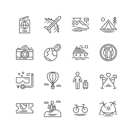 Travel and Activities icon. Leisure and Sport concept. Trip and journey concept. Thin line and Outline icon set. Vector illustration. Sign and symbol collection set.のイラスト素材