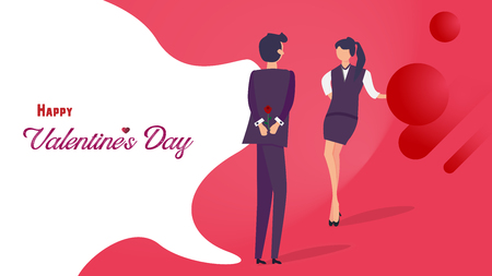 Happy Valentine's day flat design. Man giving rose to his girlfriend for romantic flirting. Graphic design concept. Vector illustrationのイラスト素材