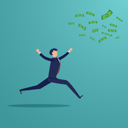 Businessman running to catch money banknote that blow away. Business and Financial concept. Loss profit investment people theme. Character graphic design. Vector illustration for presentation templateのイラスト素材