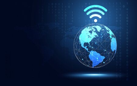 Futuristic blue earth with Wifi internet abstract technology background. Artificial intelligence digital transformation and big data concept. Business quantum internet network communication conceptのイラスト素材