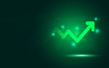 Futuristic green raise arrow chart digital transformation abstract technology background. Big data and business growth currency stock and investment indicator of set trade economy. Vector illustrationのイラスト素材