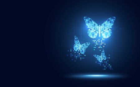 Futuristic blue lowpoly Butterfly abstract technology background. Artificial intelligence digital transformation and big data concept. Business quantum internet network communication evolution conceptのイラスト素材