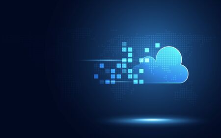 Futuristic blue cloud with pixel digital transformation abstract new technology background. Artificial intelligence and big data concept. Business industry 4.0 and 5g wifi data storage communication.のイラスト素材
