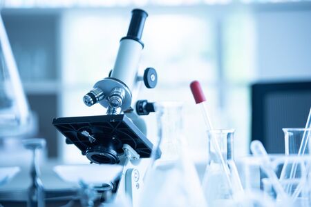 Medical laboratory microscope in chemistry biology lab test. Scientific research and development and healthcare concept backgroundの写真素材