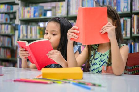 Two little cute girls multi-ethnic friends reading books together in school library. People lifestyles and Education learning concept. Happy friendship kids doing leisure activity for examination testの写真素材