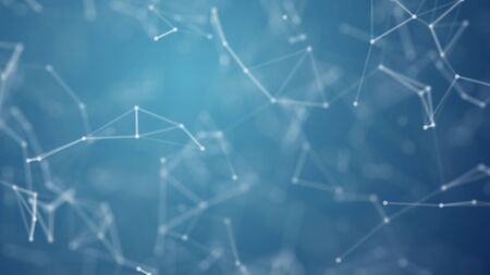 Abstract blue blurred geometry wireframe network and connecting dot in space on blue background....