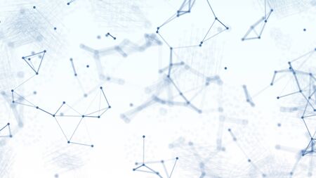 3D Abstract blue blurred geometry wireframe network and connecting dot in space on white background. Futuristics computer and medical science concept. Abstract technology graphic design illustration.の写真素材