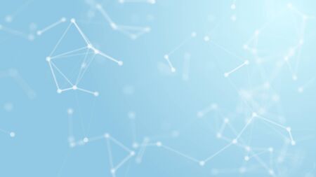 3D Abstract white geometry flying wireframe network and connecting dot space on blue background. Security futuristics computer and science concept. Abstract technology graphic design illustration.の写真素材