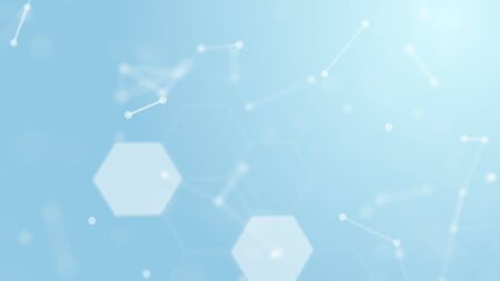 3D Abstract white geometry float into medical wireframe network and connecting dot space on blue background. Security futuristics computer and science concept. Abstract technology graphic design.の写真素材