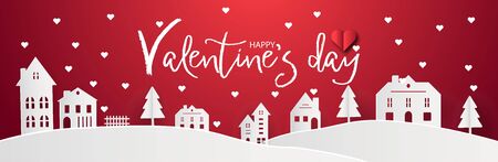 Happy Valentines day with home sweet home town village and snowy background. Red abstract paranoma wallpaper. Digital craft city paper art landscape concept style. Greeting card graphic design vectorのイラスト素材