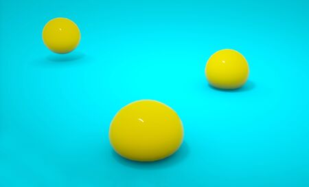 Sofy body yellow ball falling to blue floor background. Gelatin jelly sphere ball bouncing. Abstract and object concept. 3D render illustrationの写真素材