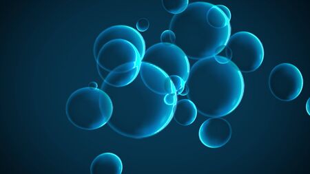 Bubble foam particle floating in air deep blue sea background. Nature and abstract science for decoration template wallpaper element. Aqua and ocean liquid water theme. 3D illustration renderingの写真素材