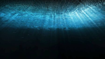 Deep blue underwater with sunlight rays shining through ocean surface. 3D illustration rendering...