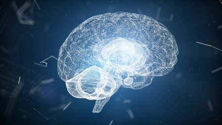 Abstract medical blue glow brain wireframe network and connecting dot in space
