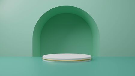 White gold product stand on mint green pastel background. Abstract minimal geometry concept. Studio podium platform. Exhibition and business marketing presentation stage. 3D illustration renderingの写真素材