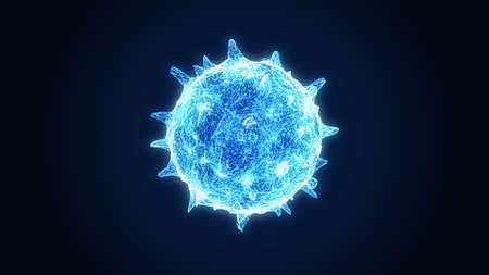 Close up glowing influenza virus on dark blue background. Blue abstract plexus wireframe...